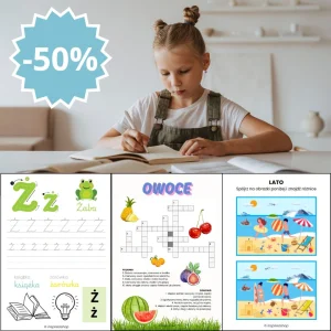 Pakiet edukacyjny dla dzieci: polski alfabet – litery pisane, krzyżówki, zagadki, znajdź różnice i połącz kropki (PDF–133 strony)