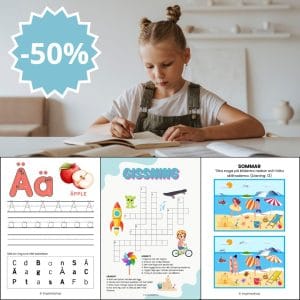 Barnens tankepaket: svenska alfabetet, korsord, klurigheter, hitta skillnader och koppla ihop punkter (PDF–120 sidor)