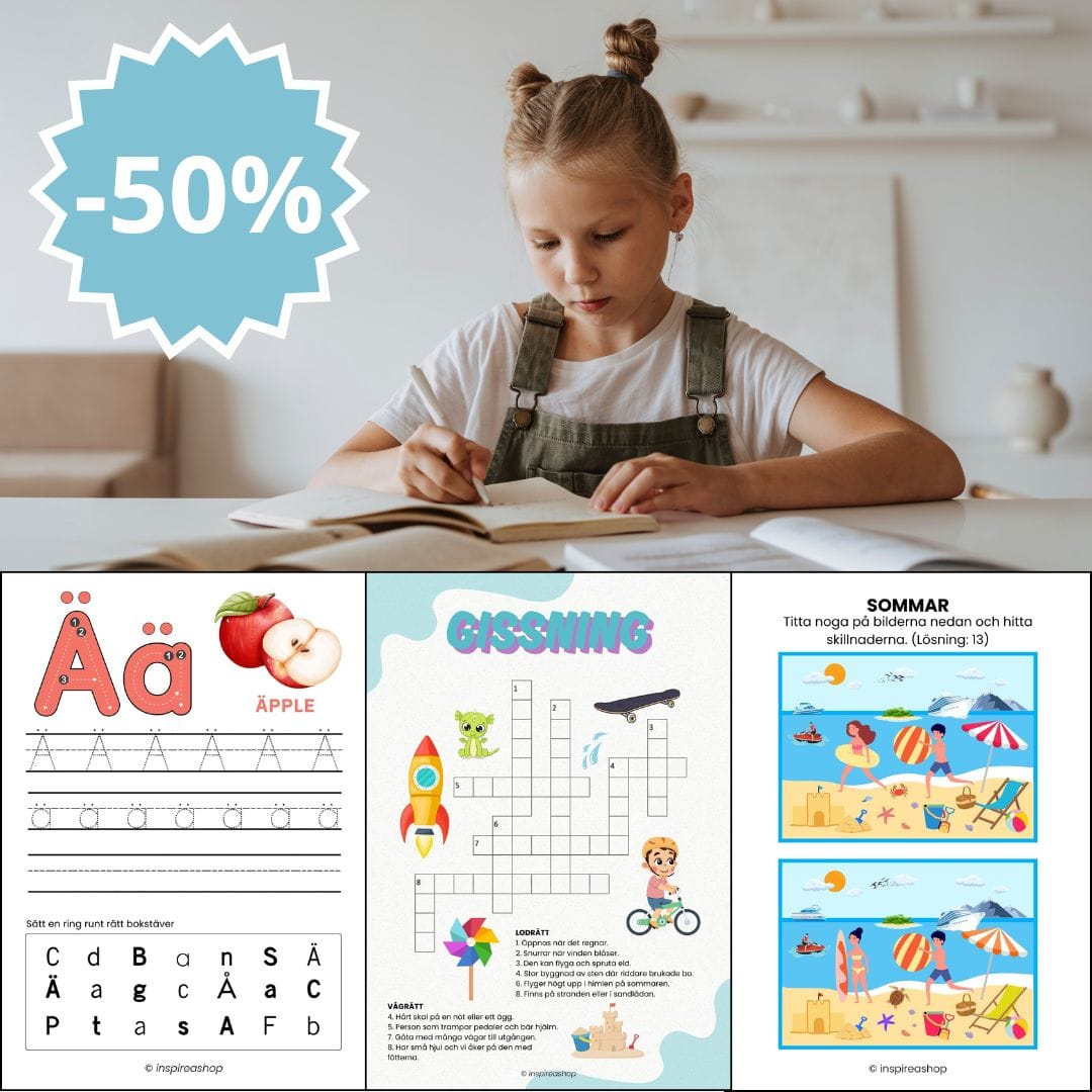 Barnens tankepaket: svenska alfabetet, korsord, klurigheter, hitta skillnader och koppla ihop punkter (PDF–120 sidor)
