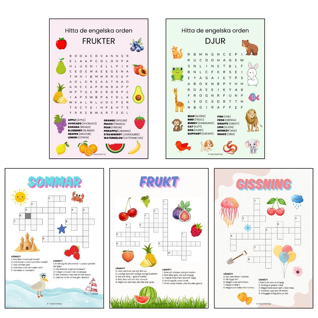 Barnens tankepaket: svenska alfabetet, korsord, klurigheter, hitta skillnader och koppla ihop punkter