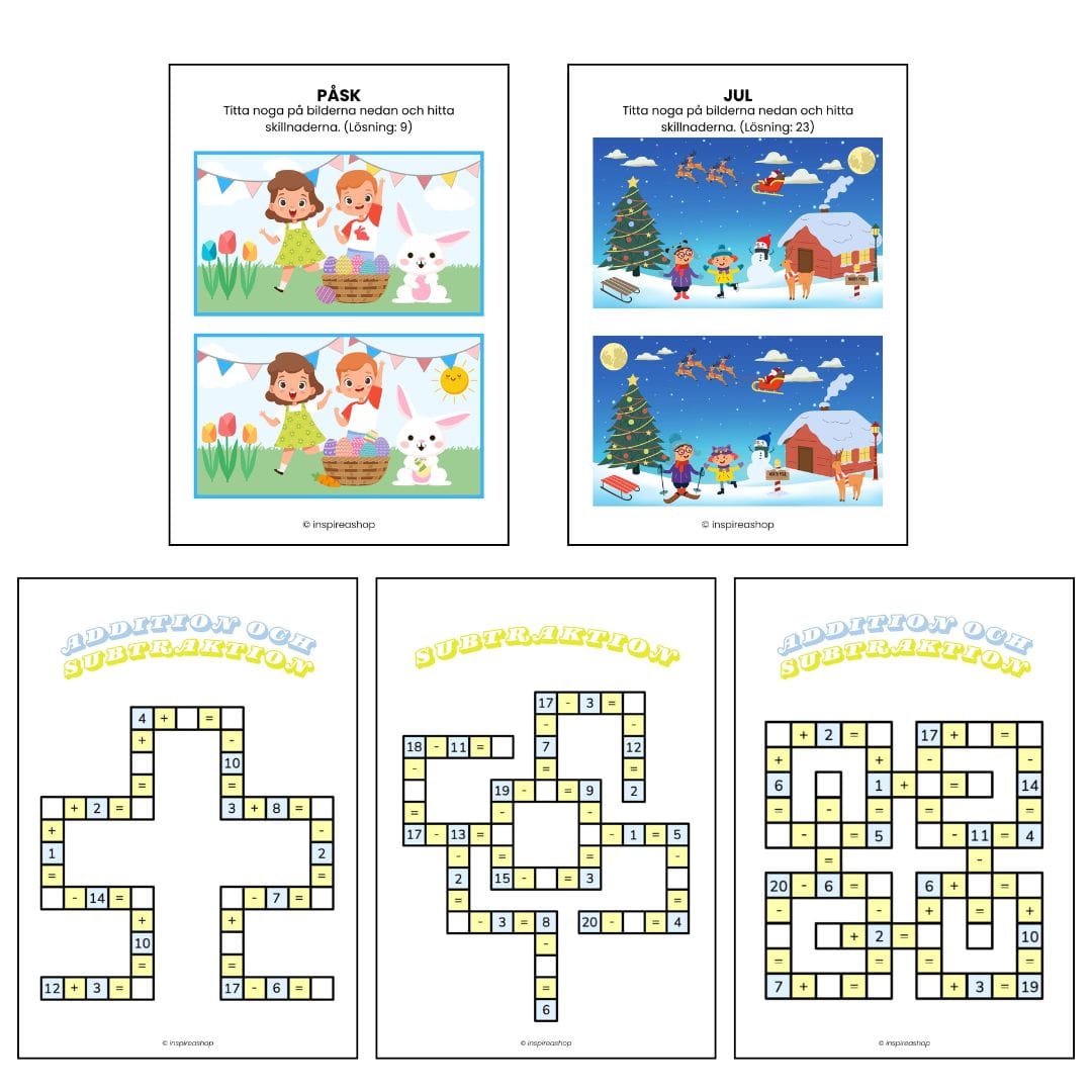 Barnens tankepaket: svenska alfabetet, korsord, klurigheter, hitta skillnader och koppla ihop punkter