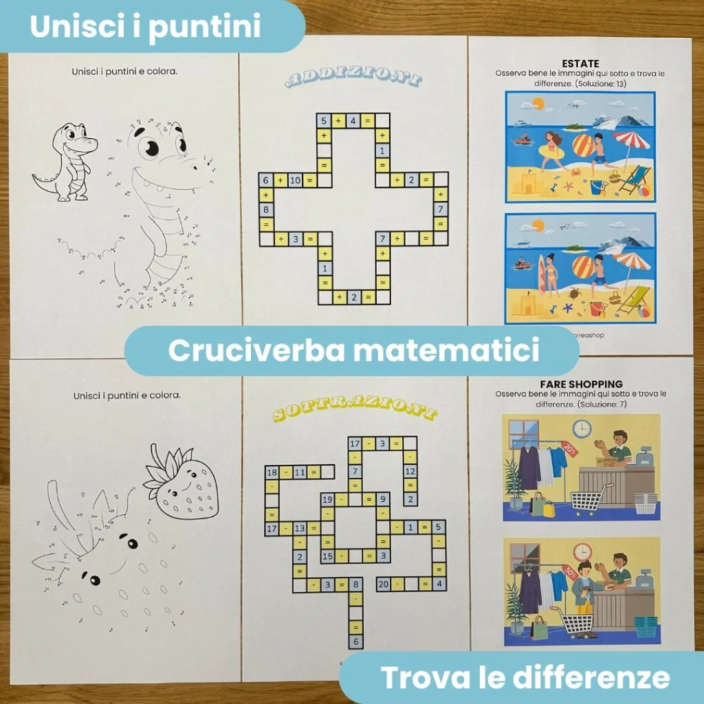 Pacchetto estivo mega: alfabeto italiano, cruciverba, indovinelli, trova le differenze e unisci i puntini