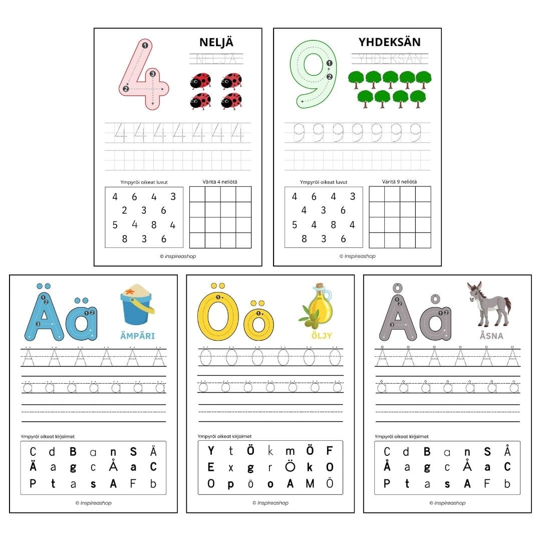Montessori Megapaketti: suomen aakkoset, numerot, matematiikka, kuviot ja värityskuvat (PDF)
