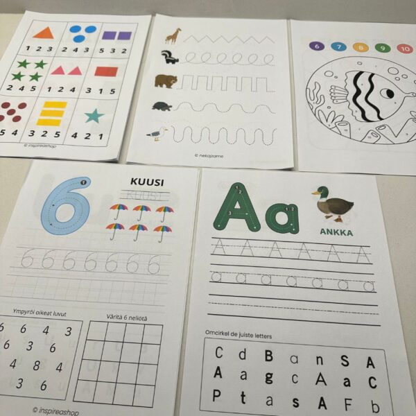 Montessori Megapaketti: suomen aakkoset, numerot, matematiikka, kuviot ja värityskuvat (PDF)