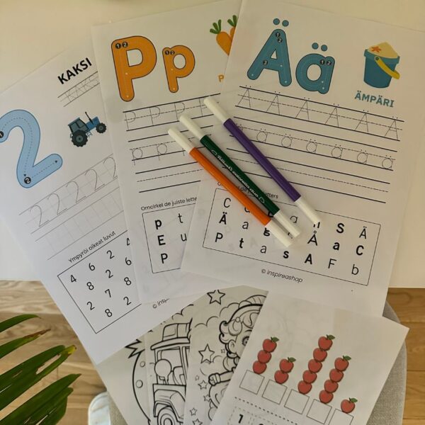 Montessori Megapaketti: suomen aakkoset, numerot, matematiikka, kuviot ja värityskuvat (PDF)