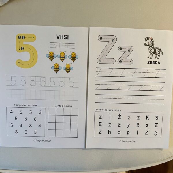 Montessori Megapaketti: suomen aakkoset, numerot, matematiikka, kuviot ja värityskuvat (PDF)