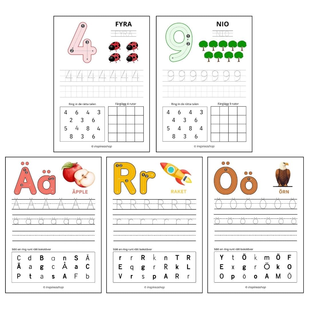 Montessori Megapaket: svenska alfabetet, siffror, matematik, mönster och målarbilder