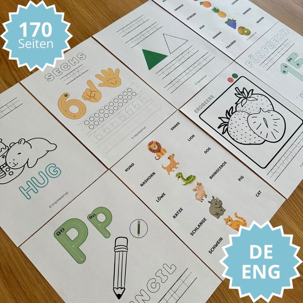 Englisch für die Kleinsten – englisch-deutsche Übungen: Alphabet, Zahlen, Farben, Formen, Tiere, Obst, Verben (PDF 170 Seiten)