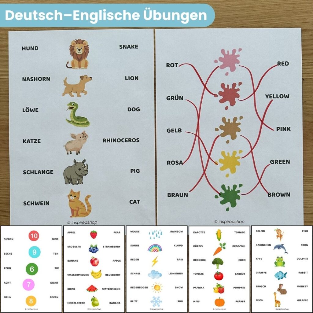 Englisch für die Kleinsten – englisch-deutsche Übungen: Alphabet, Zahlen, Farben, Formen, Tiere, Obst, Verben (PDF 170 Seiten)
