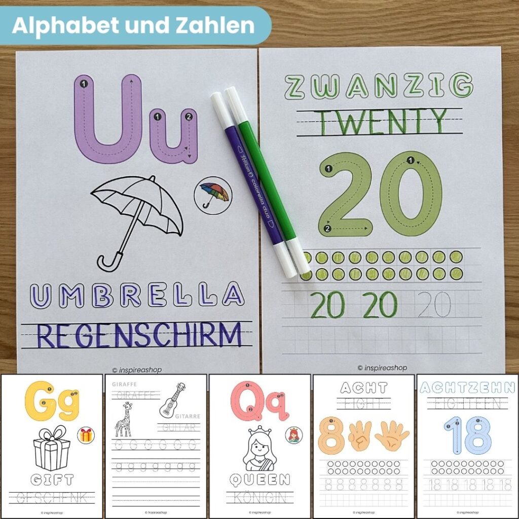 Englisch für die Kleinsten – englisch-deutsche Übungen: Alphabet, Zahlen, Farben, Formen, Tiere, Obst, Verben (PDF 170 Seiten)