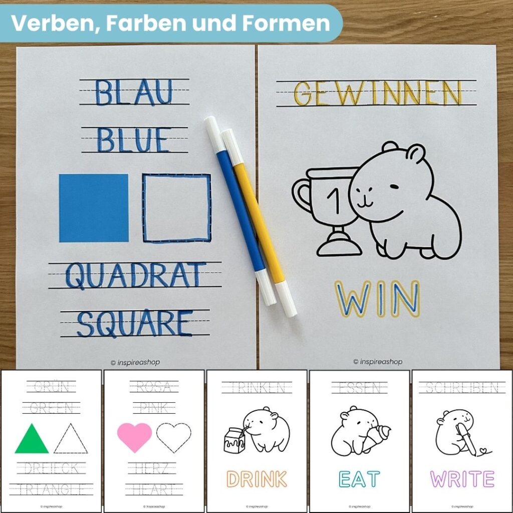 Englisch für die Kleinsten – englisch-deutsche Übungen: Alphabet, Zahlen, Farben, Formen, Tiere, Obst, Verben (PDF 170 Seiten)