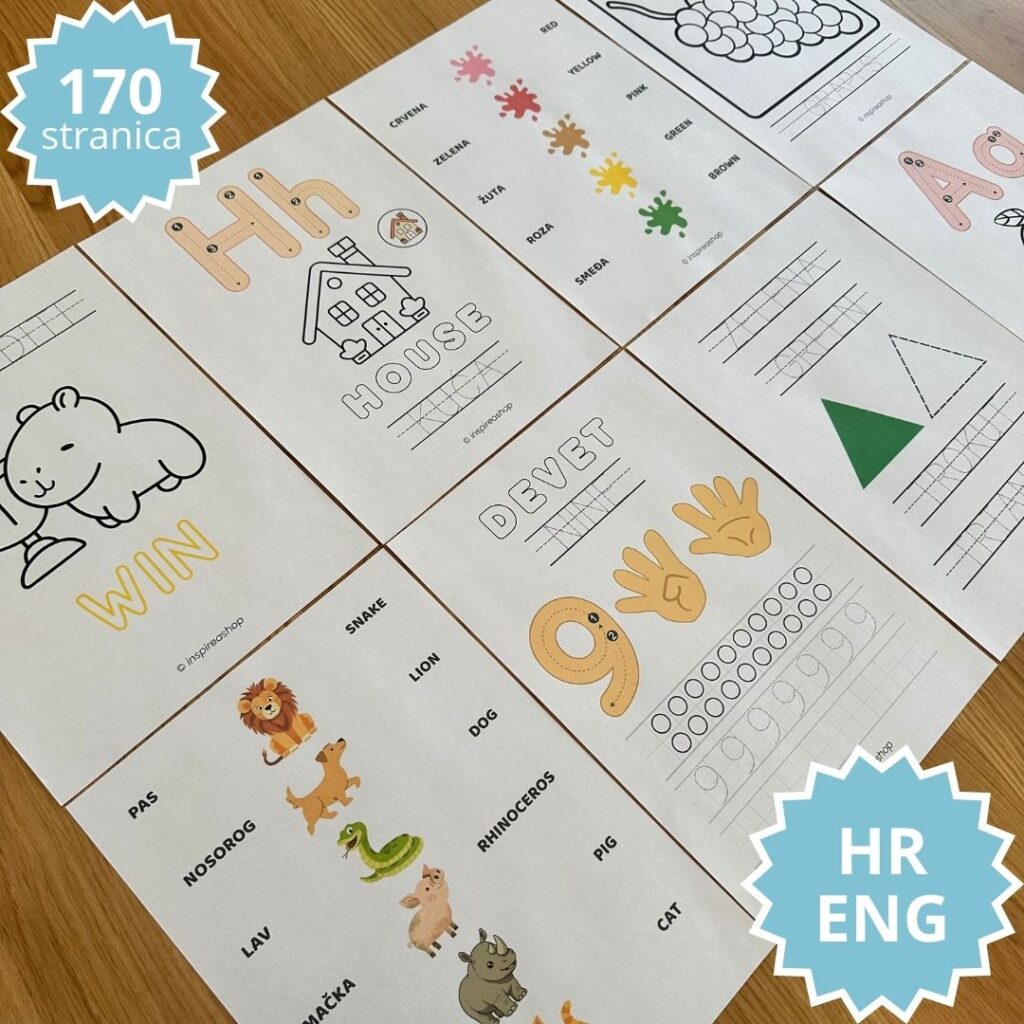 Engleski za najmlađe – englesko-hrvatske vježbe: abeceda, brojevi, boje, oblici, životinje, voće, glagoli (PDF 170 stranica)