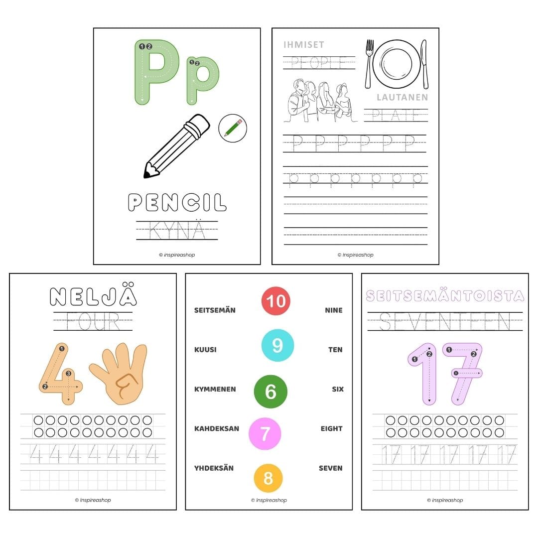 Englanti perheen pienimmille – englanti–suomi harjoitukset: aakkoset, numerot, värit, muodot, eläimet, hedelmät, verbit (PDF 170 sivua)