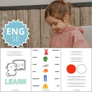 Engelska för de minsta – engelska–svenska övningar: alfabet, siffror, färger, former, djur, frukter, verb (PDF, 170 sidor)