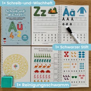 Schreib-und-Wischheft 66 Seiten – Alphabet, Zahlen, Mathematik, Labyrinthe und Formen