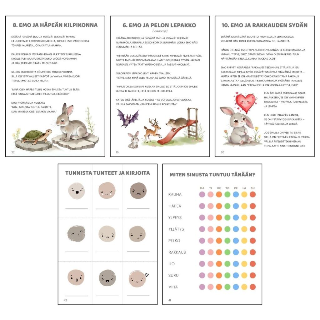 PUPU EMO TUTUSTUU TUNTEISIINSA – pieni tunnesanasto lapsille (13 satua + tehtävät – PDF)