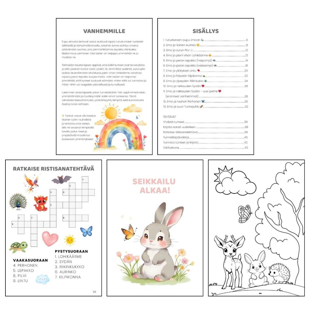 PUPU EMO TUTUSTUU TUNTEISIINSA – pieni tunnesanasto lapsille (13 satua + tehtävät – PDF)