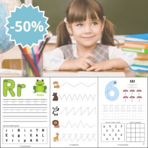 Pacchetto Mega Montessori: alfabeto italiano, numeri, matematica, tracciati e disegni da colorare (PDF)