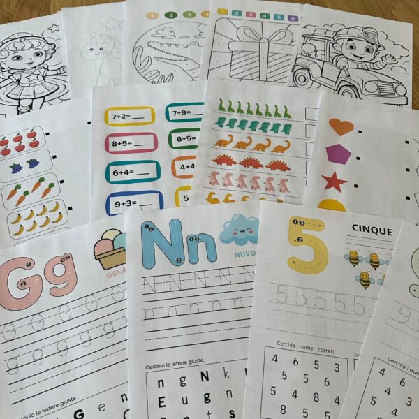 Pacchetto Mega Montessori: alfabeto italiano, numeri, matematica, tracciati e disegni da colorare