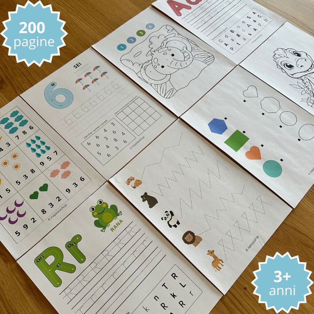 Pacchetto Mega Montessori: alfabeto italiano, numeri, matematica, tracciati e disegni da colorare (PDF)