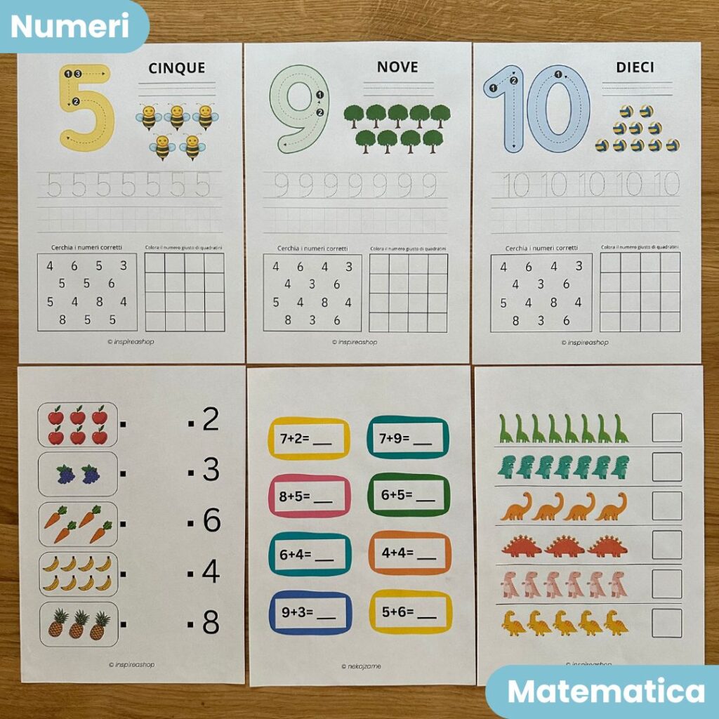 Pacchetto Mega Montessori: alfabeto italiano, numeri, matematica, tracciati e disegni da colorare (PDF)