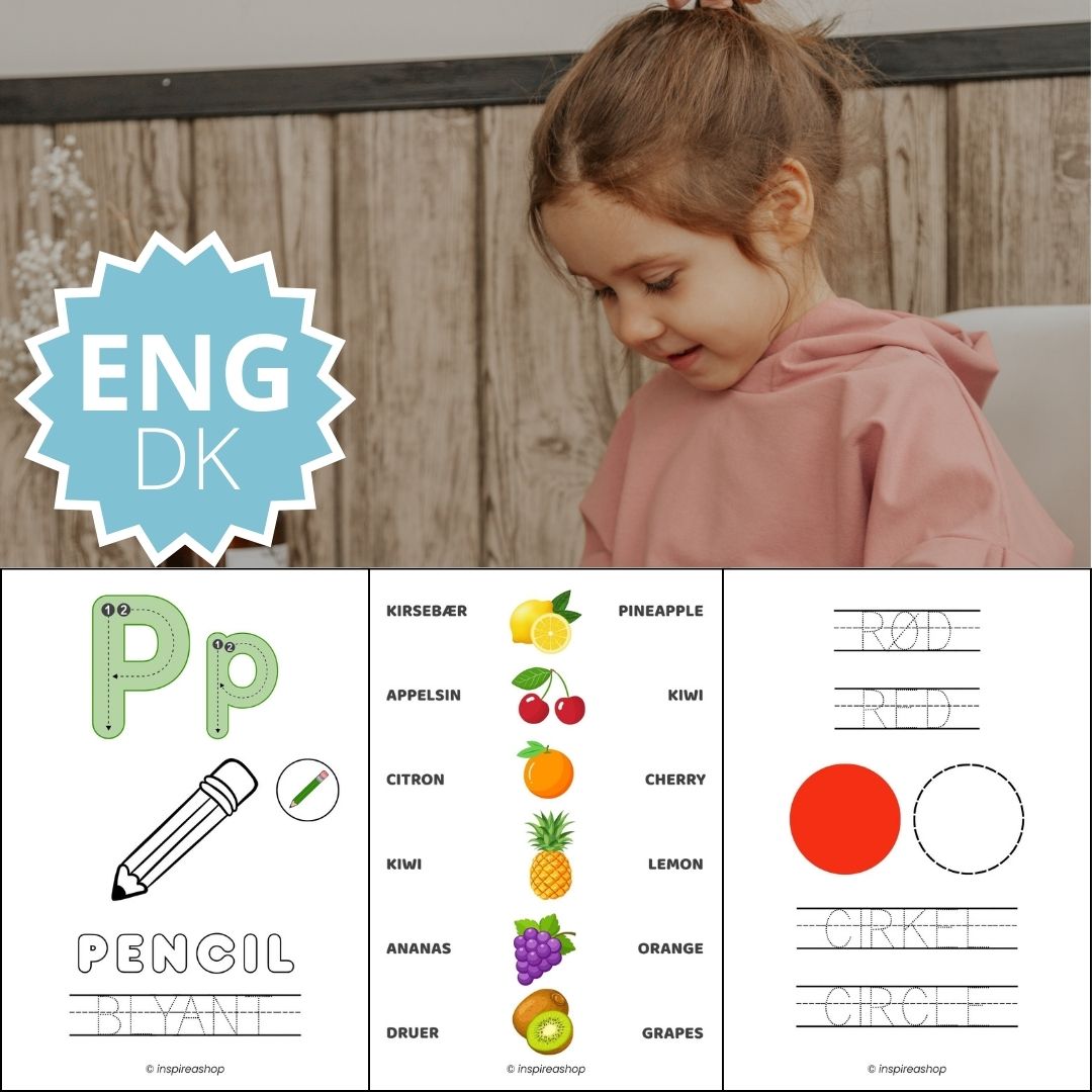 Engelsk for de mindste – engelsk–danske øvelser: alfabet, tal, farver, former, dyr, frugt, verber (PDF 170 sider)
