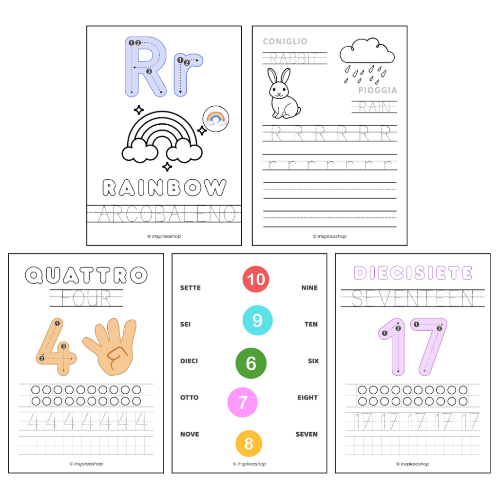 Inglés para los más pequeños – ejercicios inglés–español: alfabeto, números, colores, formas, animales, frutas, verbos (PDF 170 páginas)