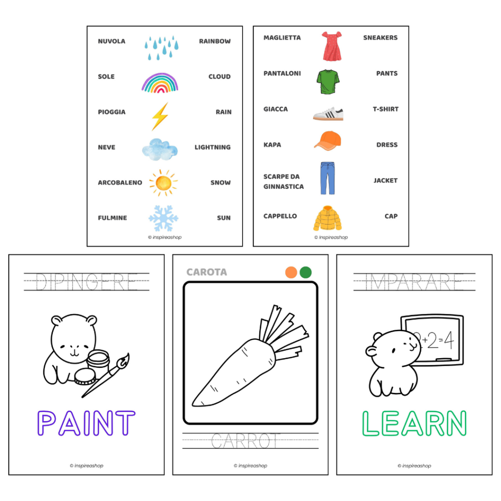 Inglés para los más pequeños – ejercicios inglés–español: alfabeto, números, colores, formas, animales, frutas, verbos (PDF 170 páginas)