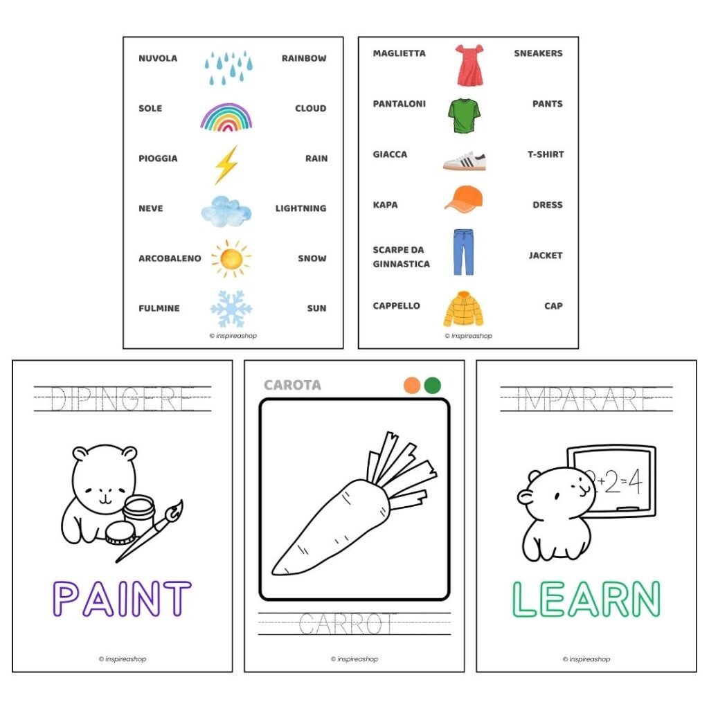 Inglese per i più piccoli – esercizi inglese–italiano: alfabeto, numeri, colori, forme, animali, frutta, verbi (PDF 170 pagine)