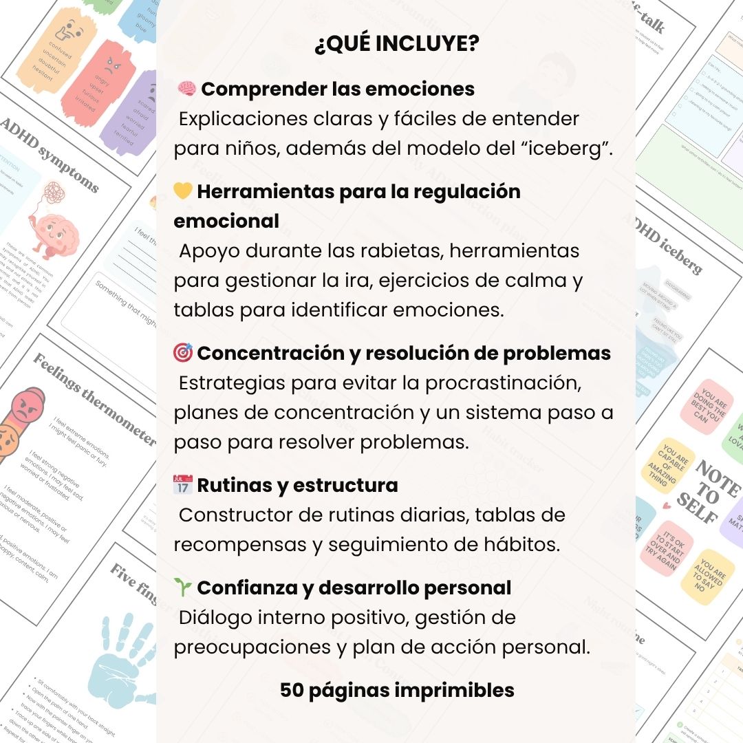 Un práctico sistema en PDF de 50 páginas diseñado para ayudar a los niños a gestionar emociones intensas, frustraciones diarias, rutinas y momentos de desbordamiento emocional