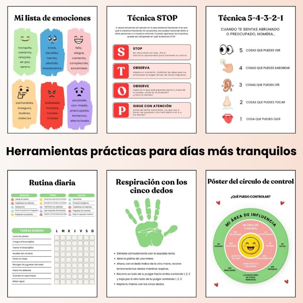 Un práctico sistema en PDF de 50 páginas diseñado para ayudar a los niños a gestionar emociones intensas, frustraciones diarias, rutinas y momentos de desbordamiento emocional